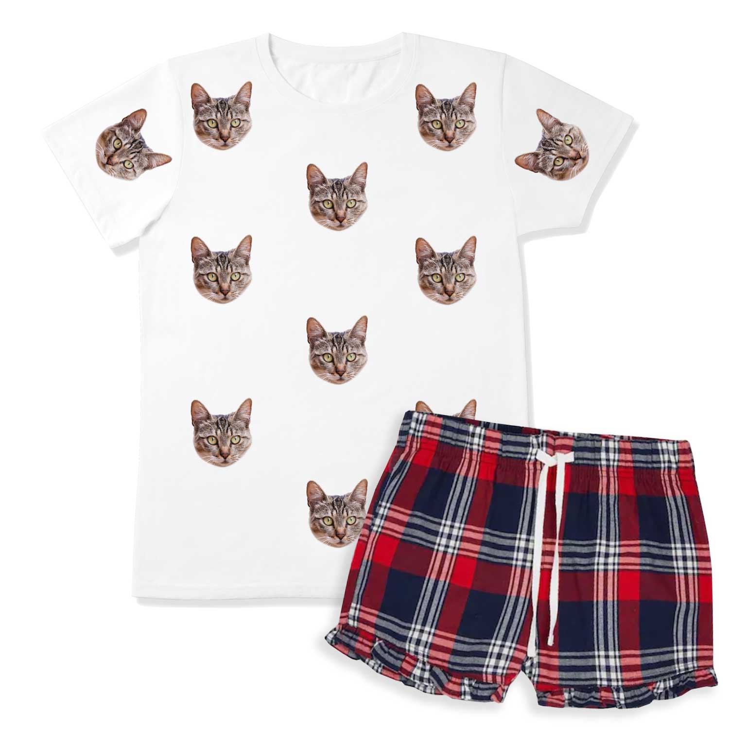 Women's Cat Pyjamas - Red Tartan Shorts Set