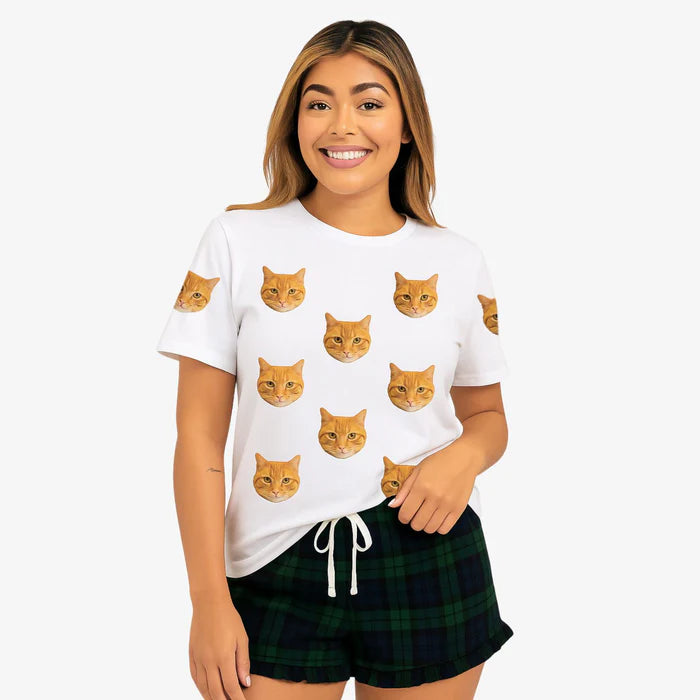 Women's Cat Pyjamas - Green Tartan Shorts Set