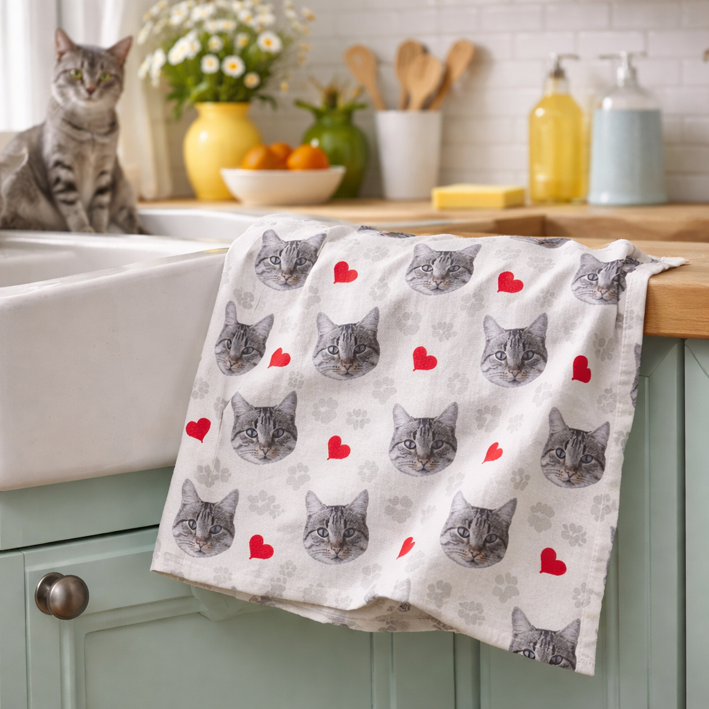 Cat Paw Prints & Hearts Background Tea Towel