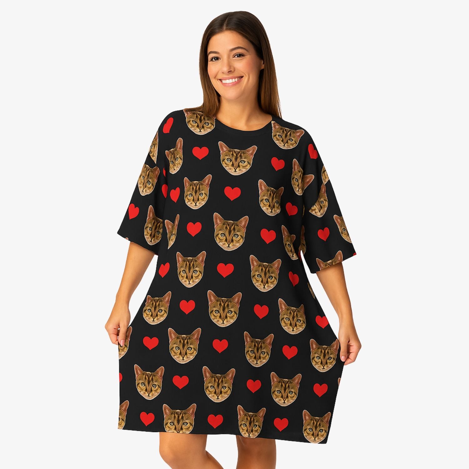 Red Hearts Cat Faces Custom Sleep Tee