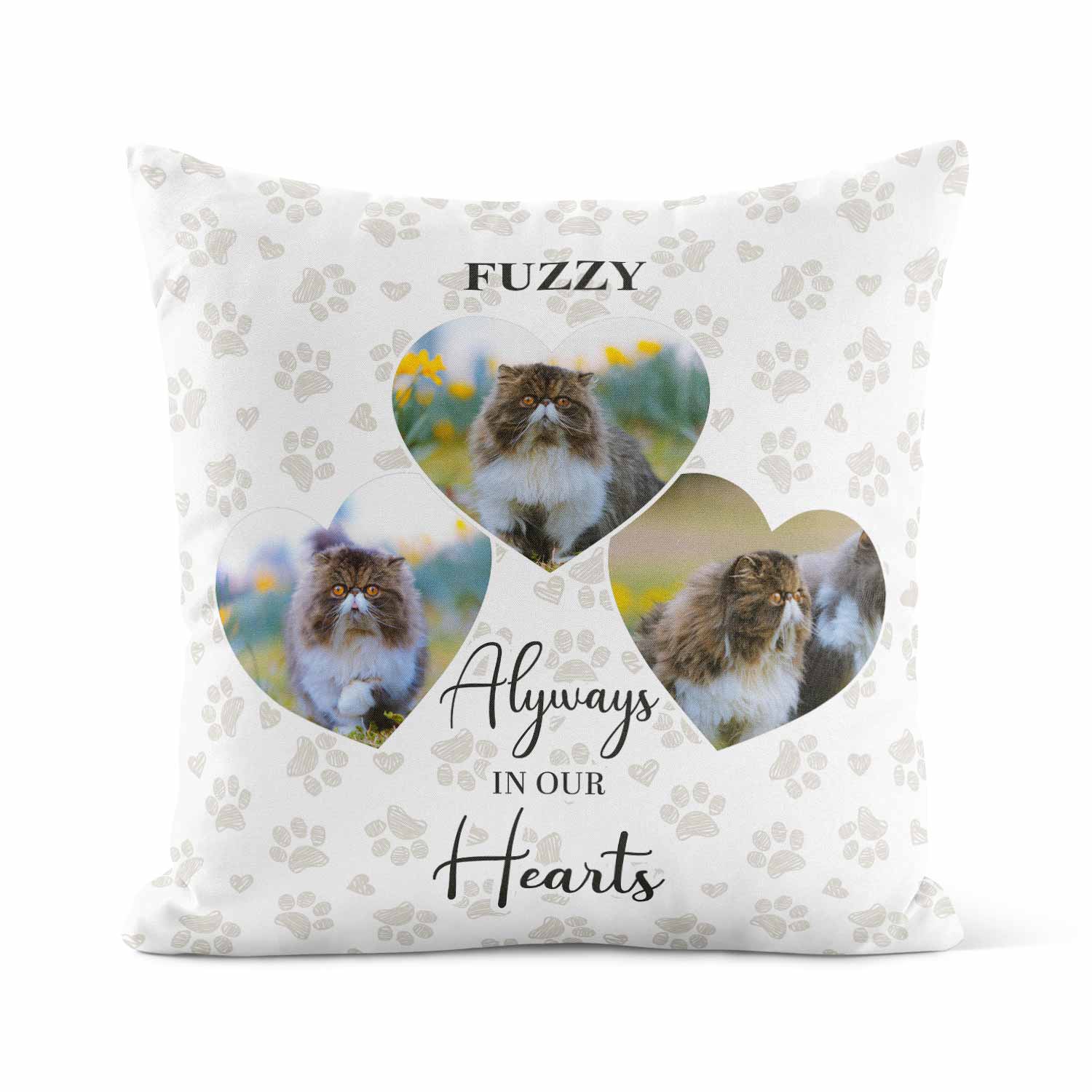 Always In Our Hearts (Cat Name) Photo Collage Memorial Cushion