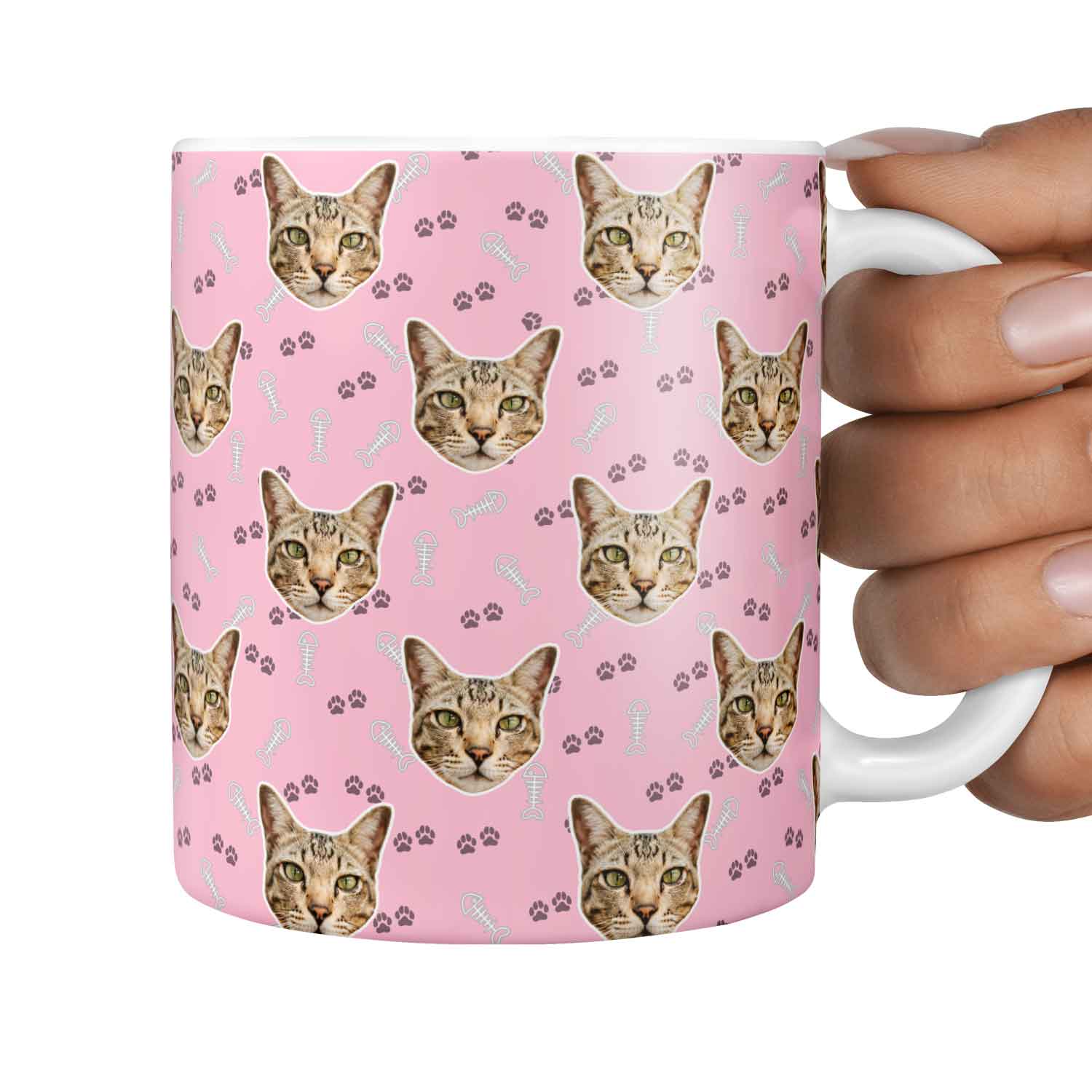Fish Bone & Paw Print Pattern Personalised Cat Mug