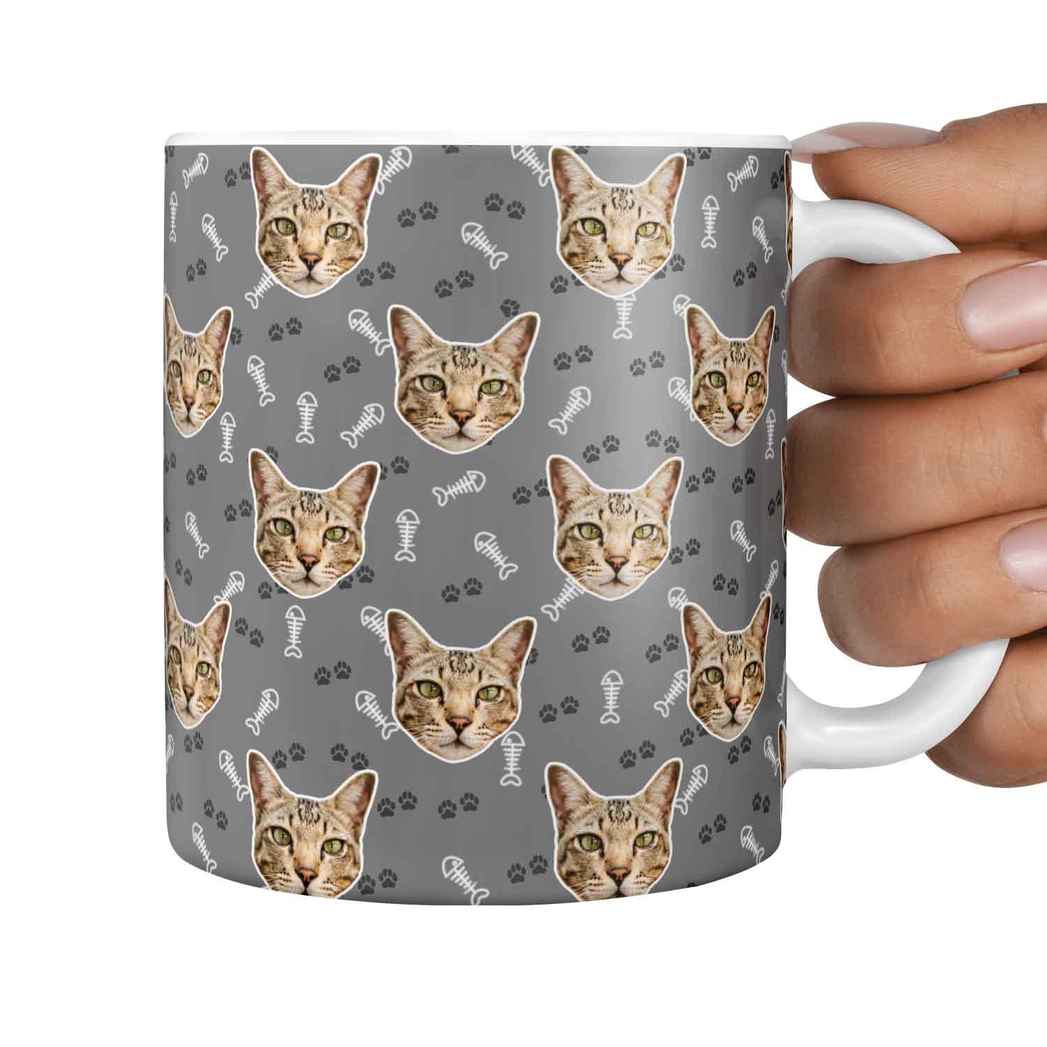 Fish Bone & Paw Print Pattern Personalised Cat Mug