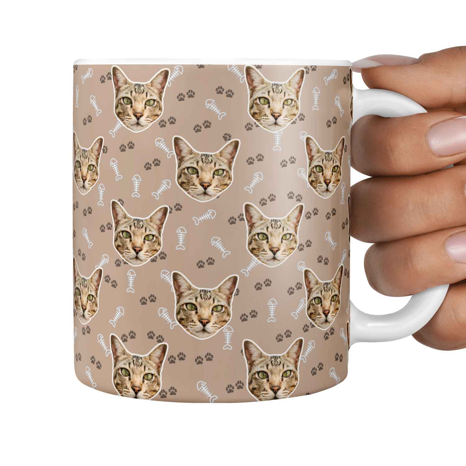 Fish Bone & Paw Print Pattern Personalised Cat Mug