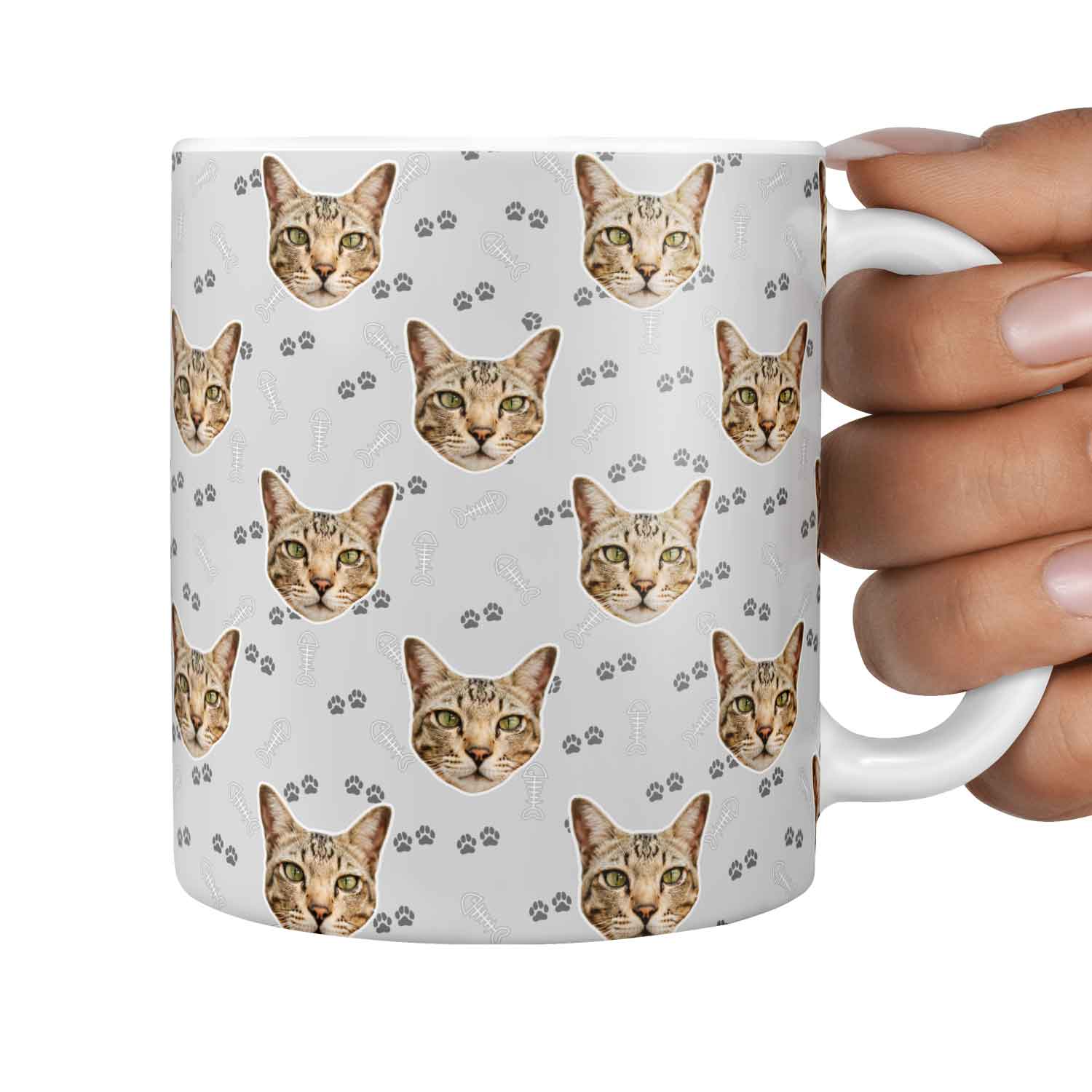 Fish Bone & Paw Print Pattern Personalised Cat Mug