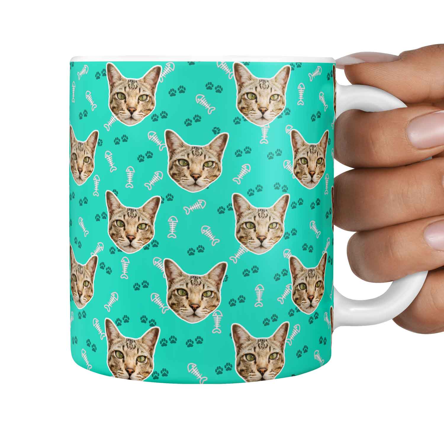 Fish Bone & Paw Print Pattern Personalised Cat Mug