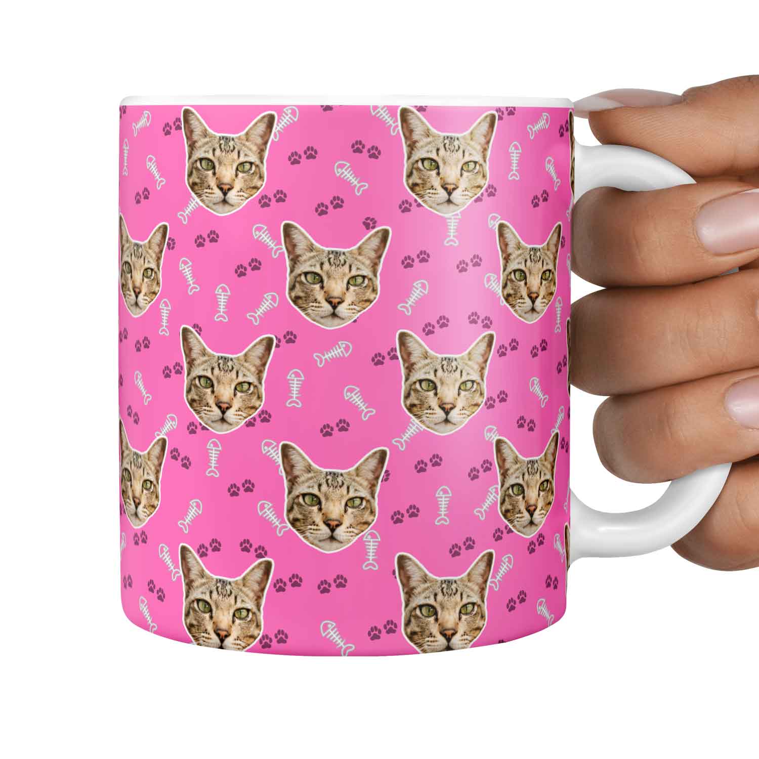 Fish Bone & Paw Print Pattern Personalised Cat Mug