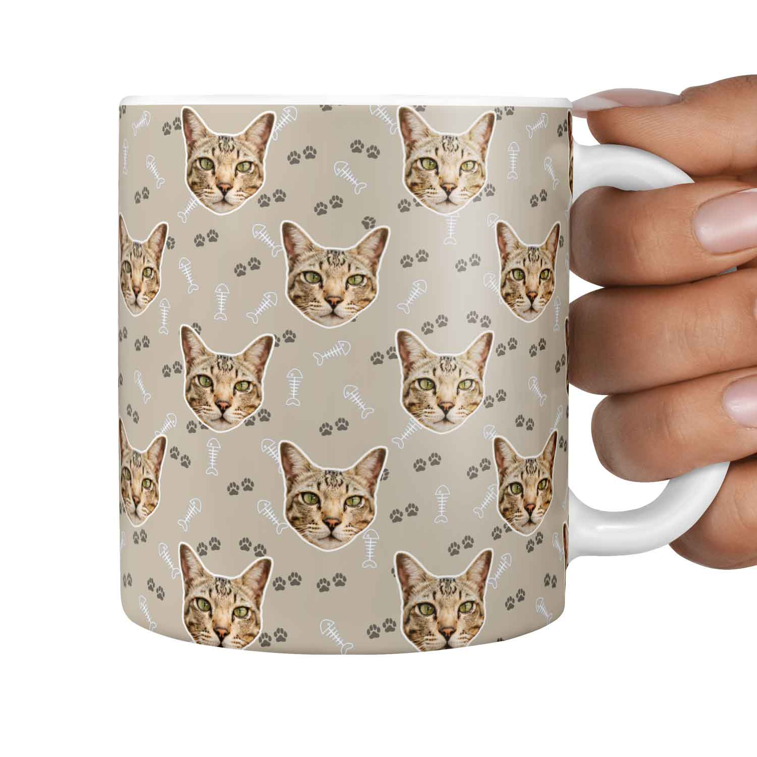 Fish Bone & Paw Print Pattern Personalised Cat Mug