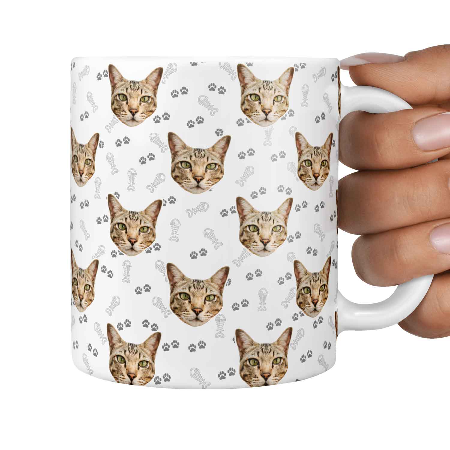 Fish Bone & Paw Print Pattern Personalised Cat Mug