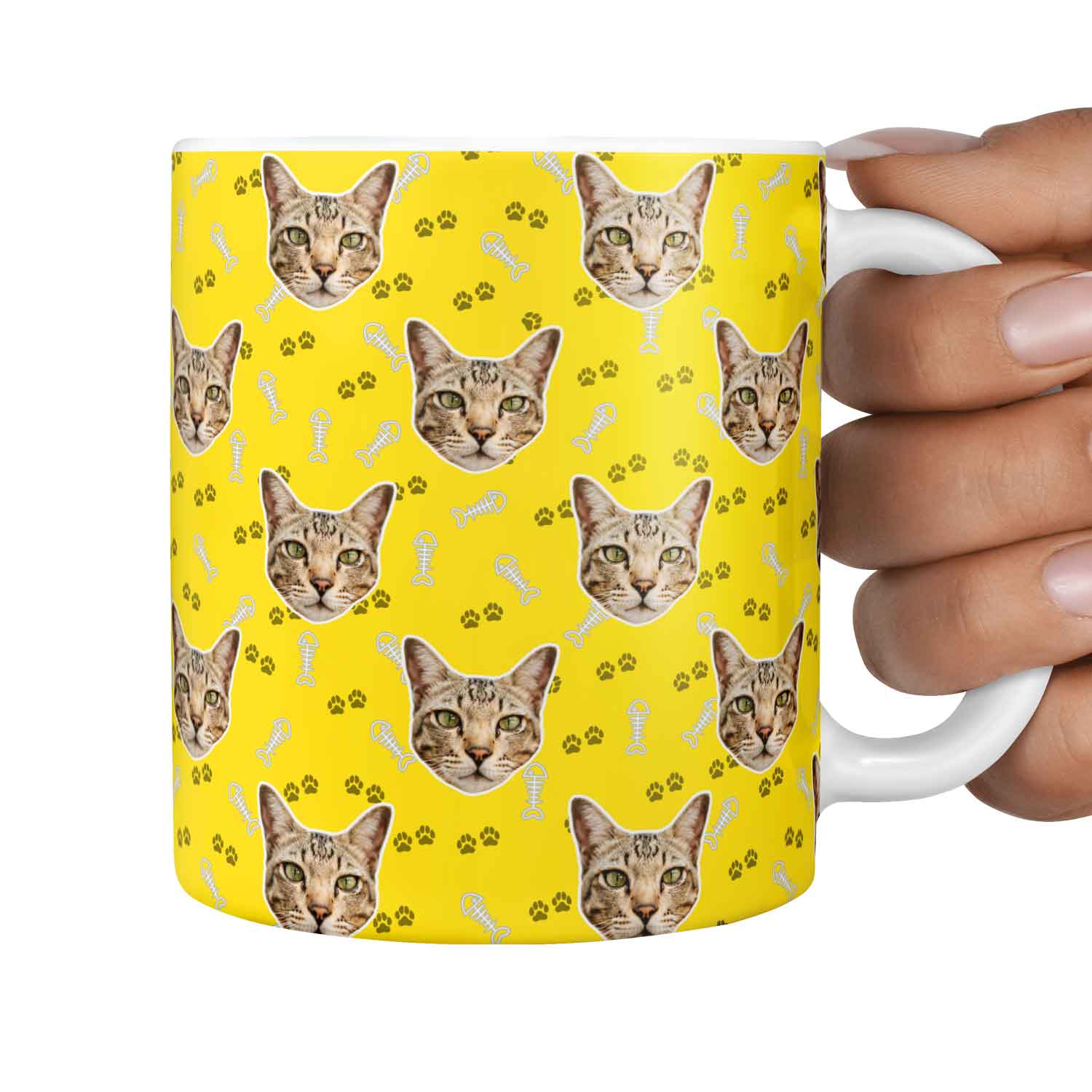 Fish Bone & Paw Print Pattern Personalised Cat Mug