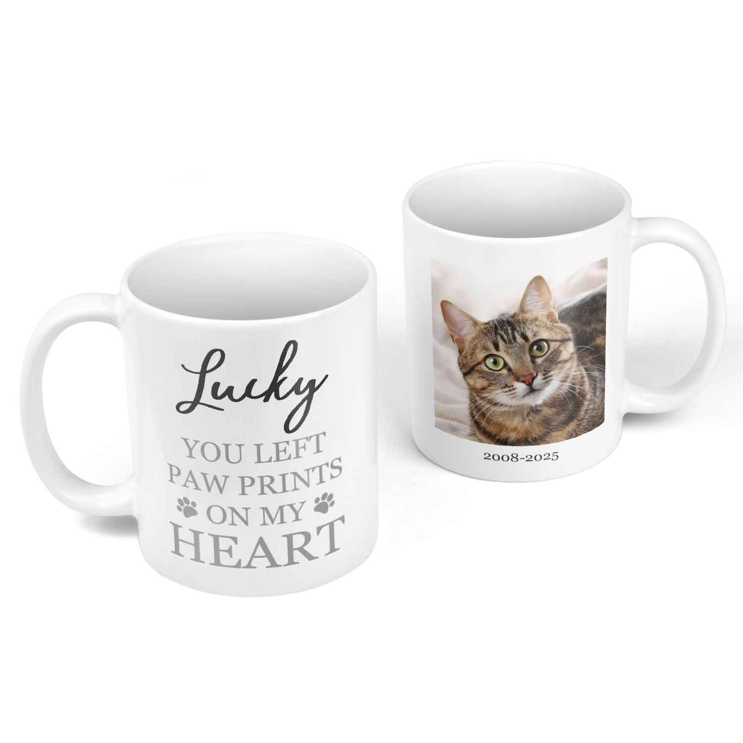 (Cat Name) You Left Paw Prints On My Heart Personalised Memorial Mug