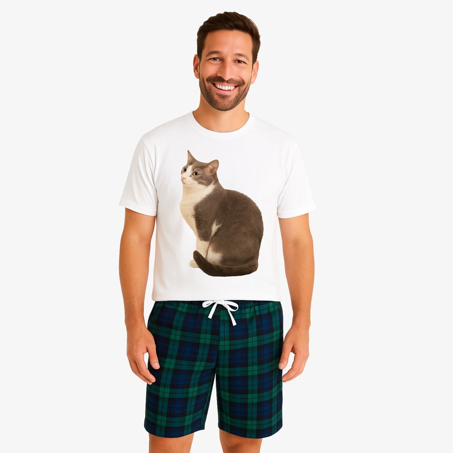 Men's Cat Face Pyjamas - Green Tartan Shorts Set