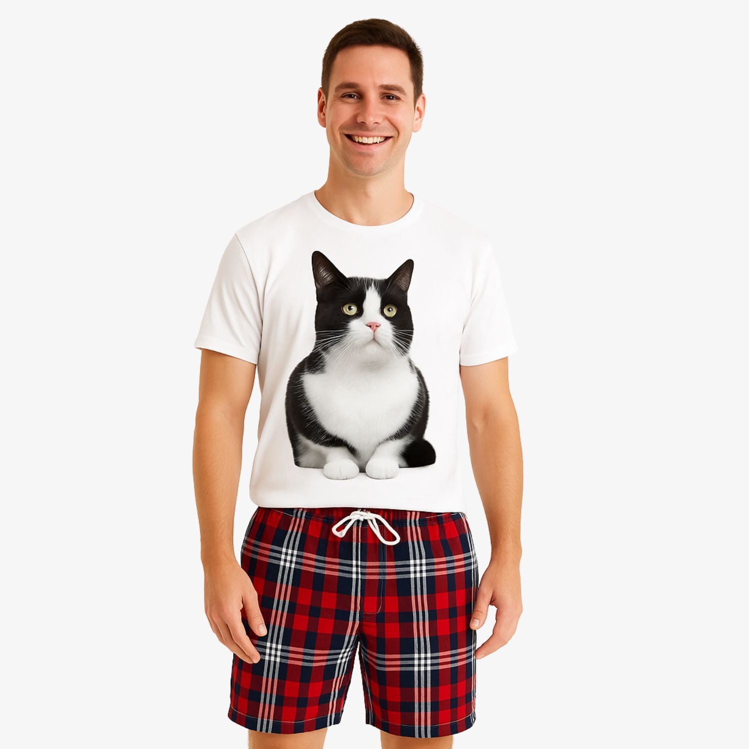 Men's Cat Face Pyjamas - Red Tartan Shorts Set