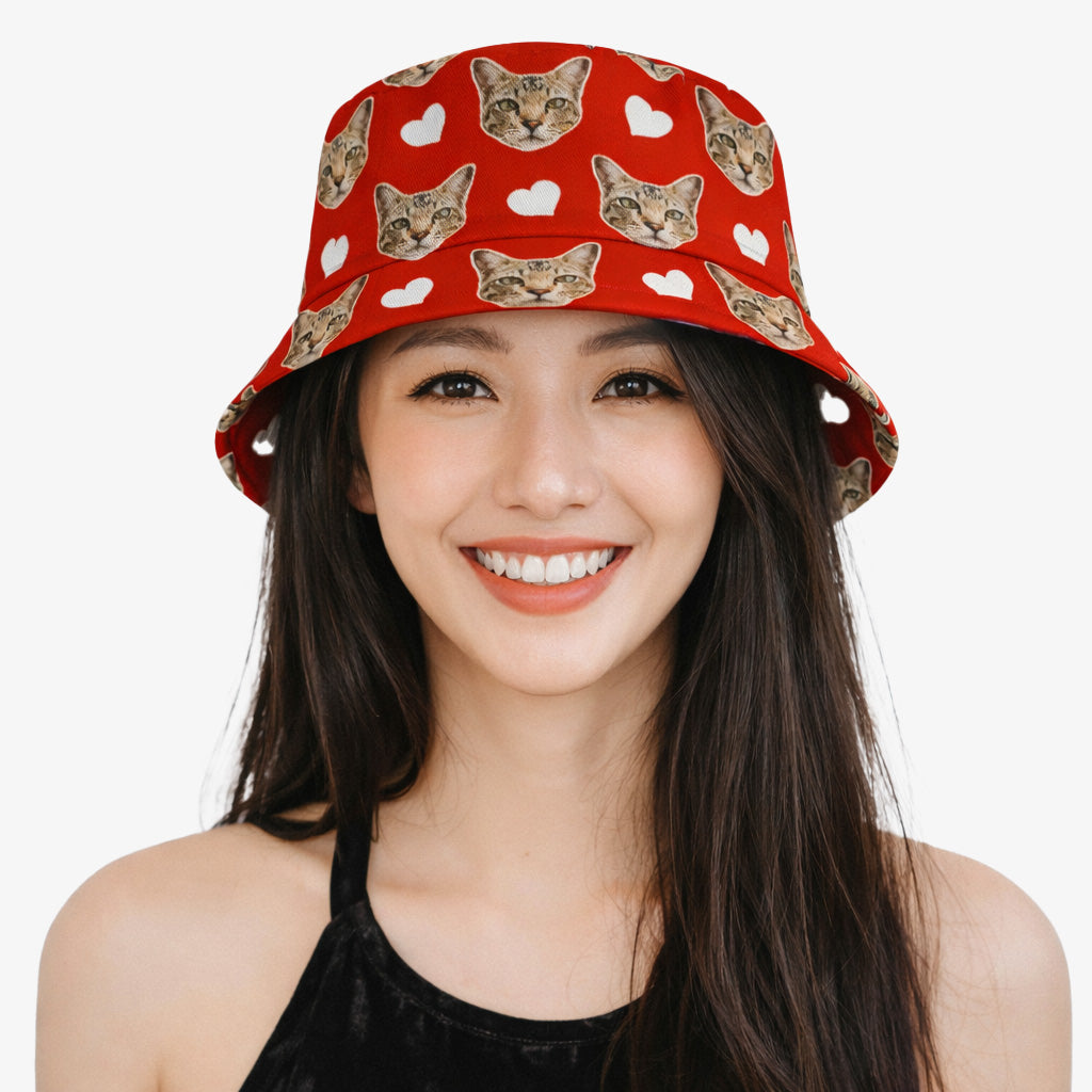 White Hearts Cat Faces Custom Bucket Hat