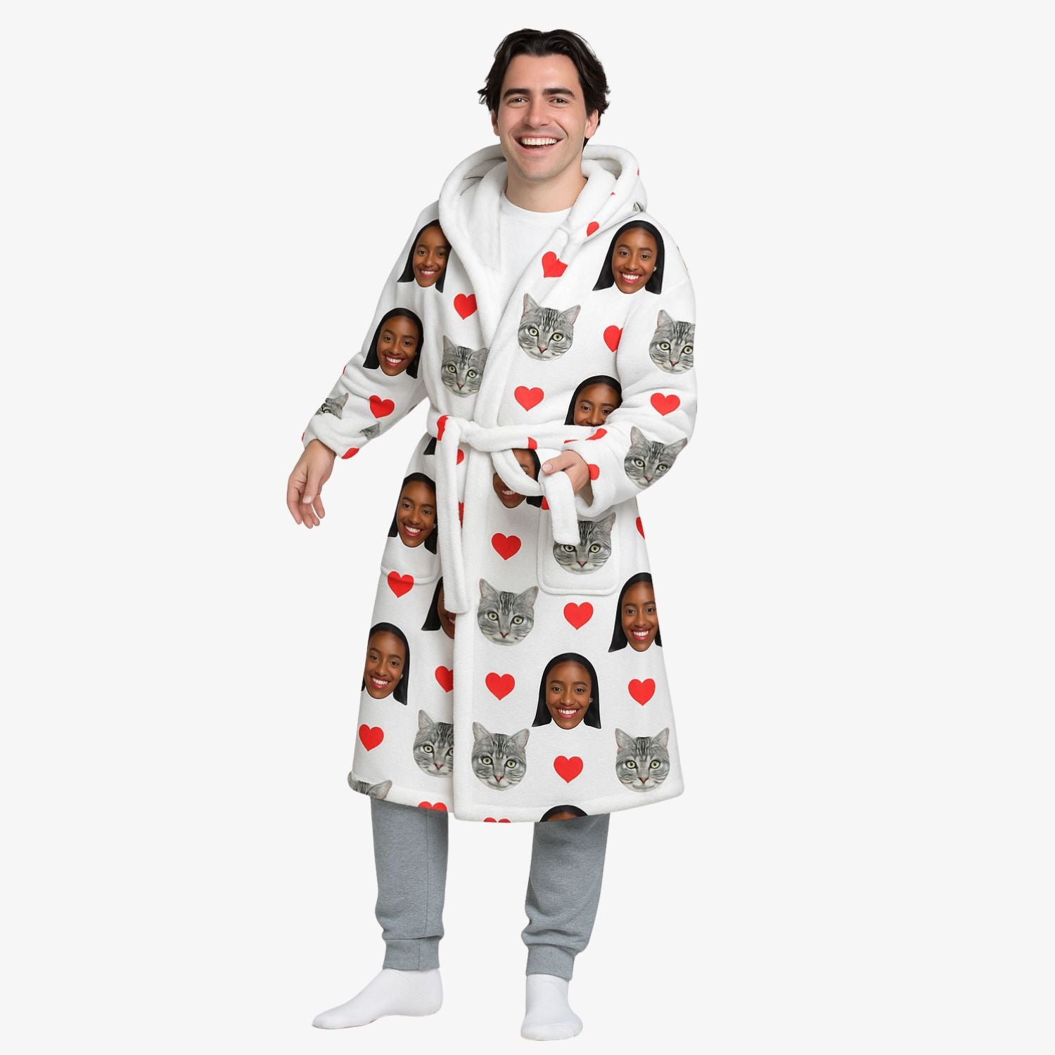 Red Hearts Cat Faces Personalised Dressing Gown