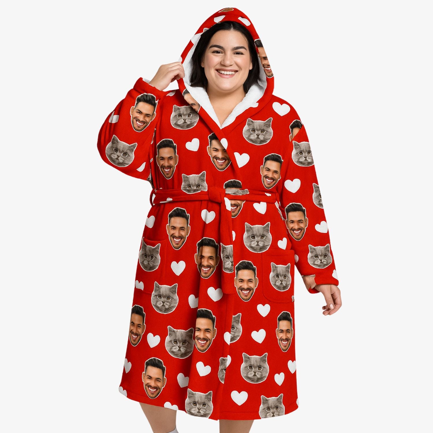 White Hearts Cat Faces Personalised Dressing Gown