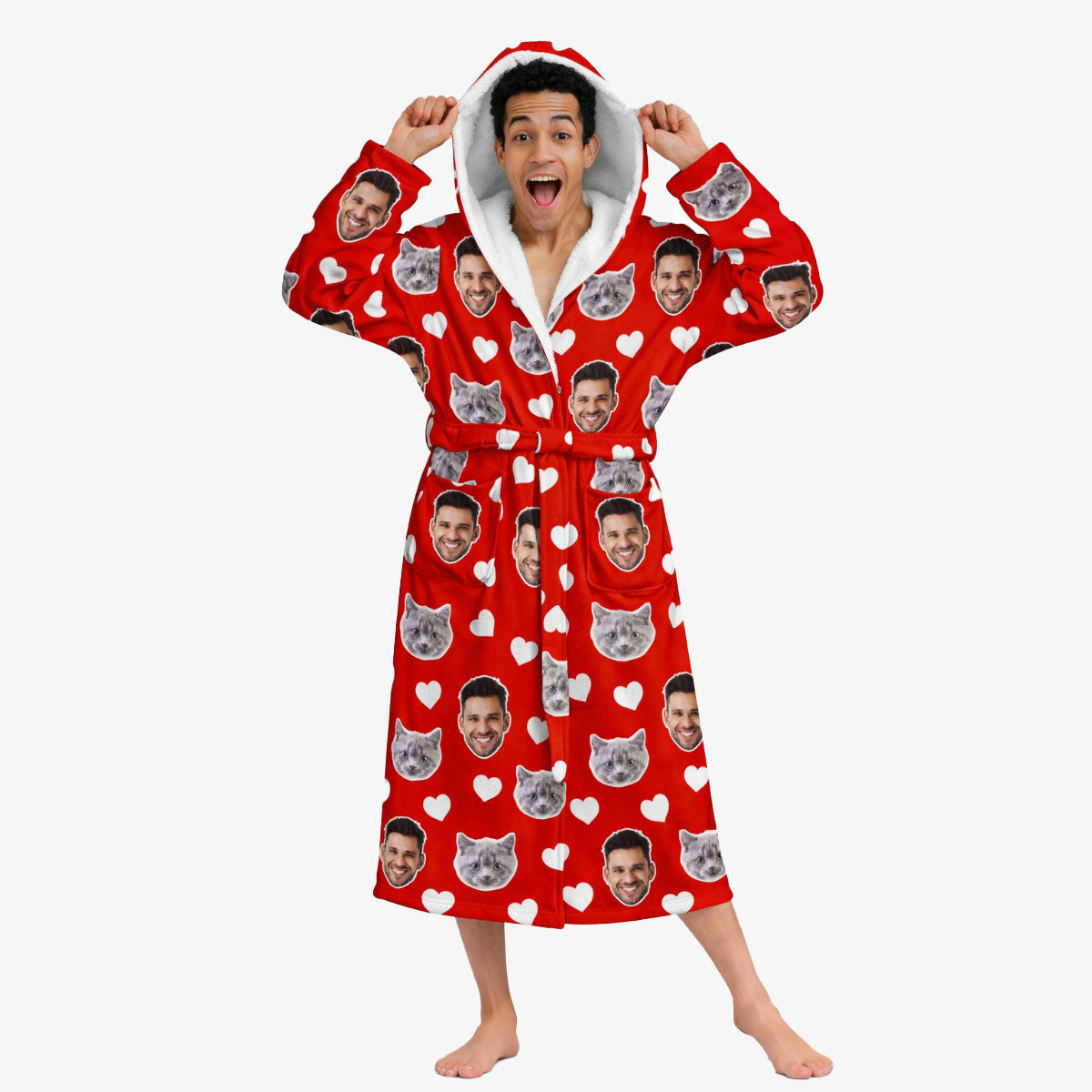 White Hearts Cat Faces Personalised Dressing Gown