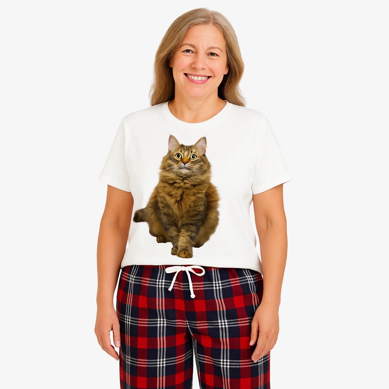 Women's Cat Face Pyjamas - Red Tartan Trouser Set