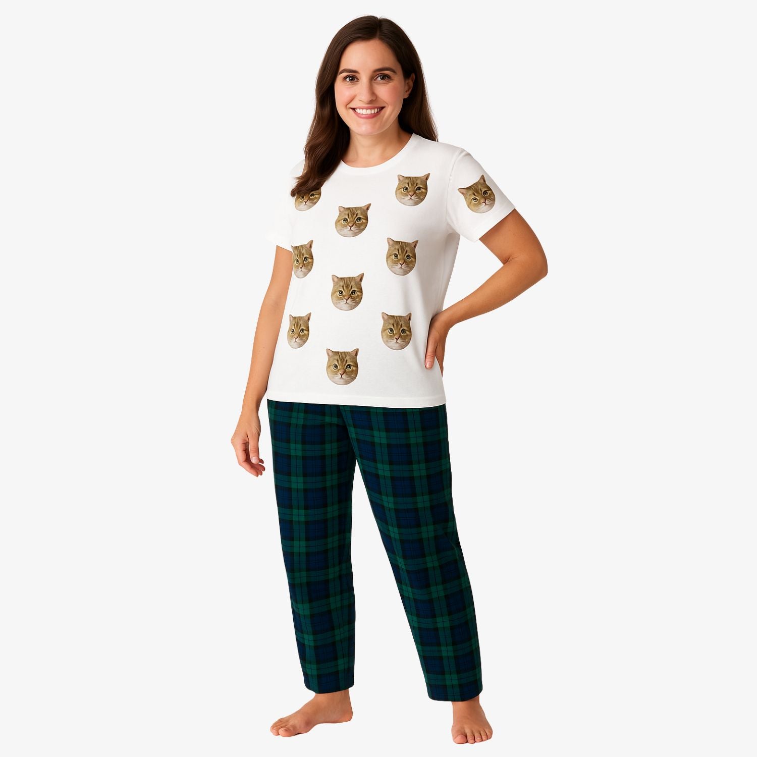 Women's Cat Pyjamas - Green Tartan Trouser Set