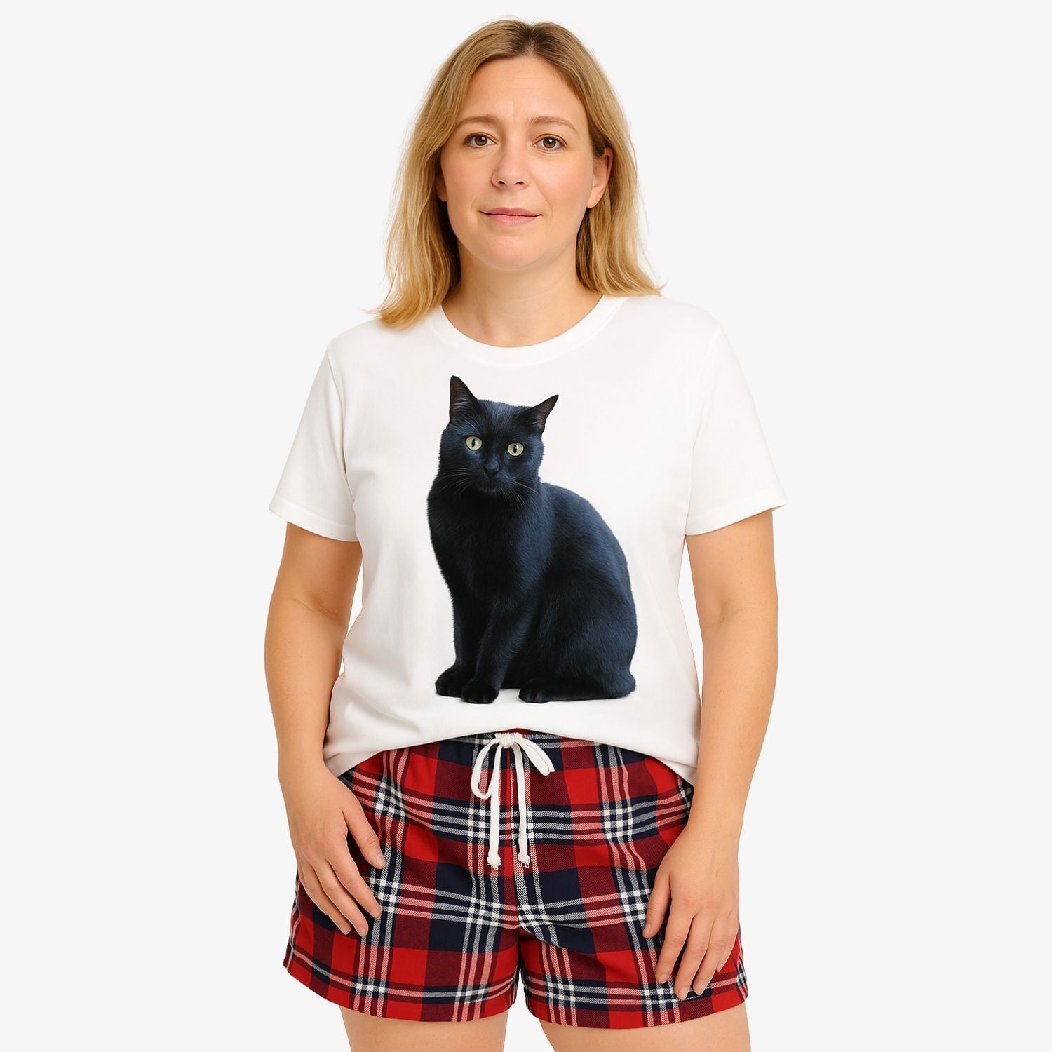 Women's Cat Face Pyjamas - Red Tartan Shorts Set
